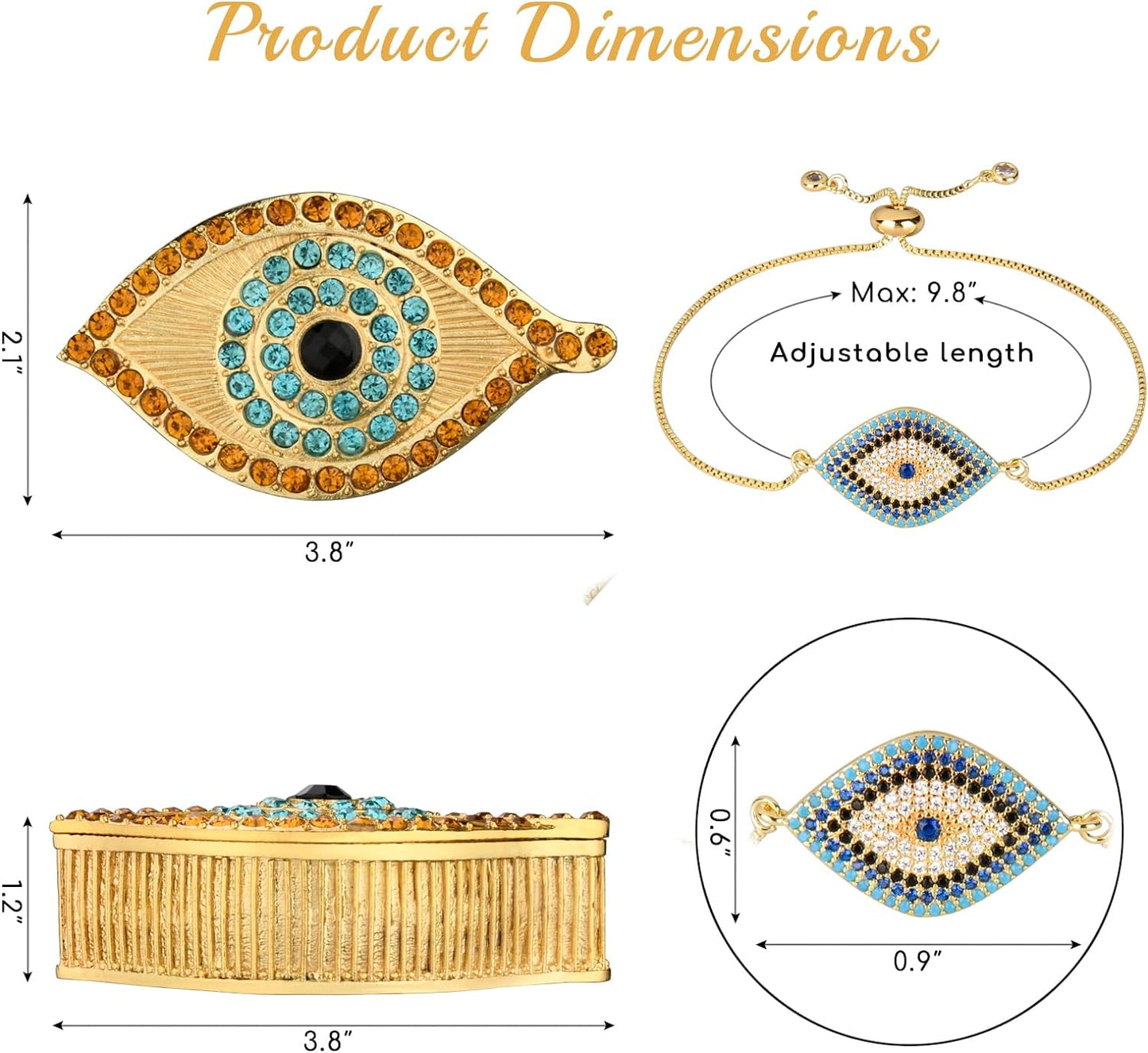 Evil Eye Jewelry Box - Handmade Gold Keepsake Box with Magnetic Closure & Crystals - Decorative Storage for Bracelets, Necklaces, Accessories - Evil Eye Decor (Gold box with bracelet)