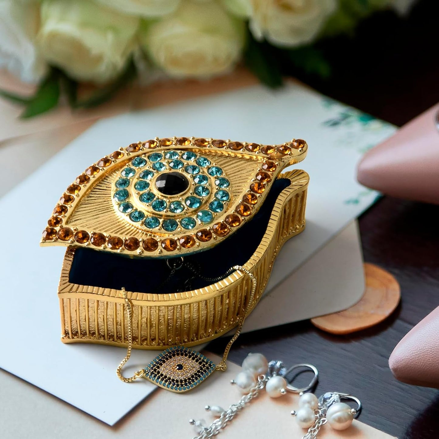 Evil Eye Jewelry Box - Handmade Gold Keepsake Box with Magnetic Closure & Crystals - Decorative Storage for Bracelets, Necklaces, Accessories - Evil Eye Decor (Gold box)