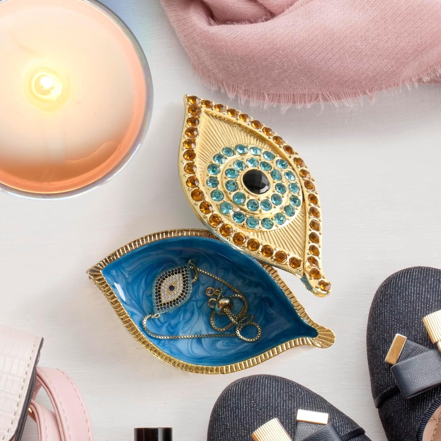 Evil Eye Jewelry Box - Handmade Gold Keepsake Box with Magnetic Closure & Crystals - Decorative Storage for Bracelets, Necklaces, Accessories - Evil Eye Decor (Gold box)