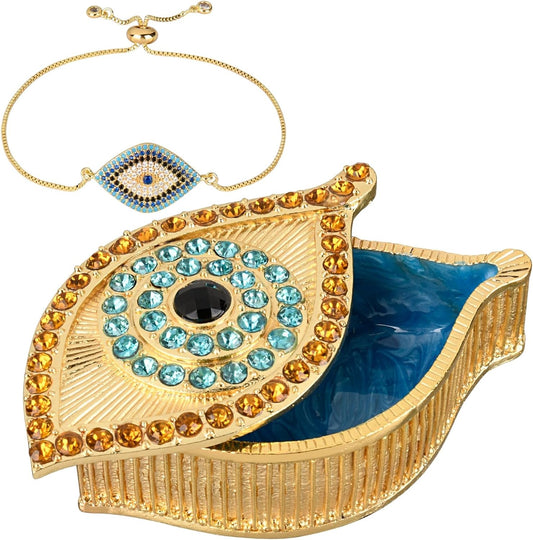 Evil Eye Jewelry Box - Handmade Gold Keepsake Box with Magnetic Closure & Crystals - Decorative Storage for Bracelets, Necklaces, Accessories - Evil Eye Decor (Gold box with bracelet)