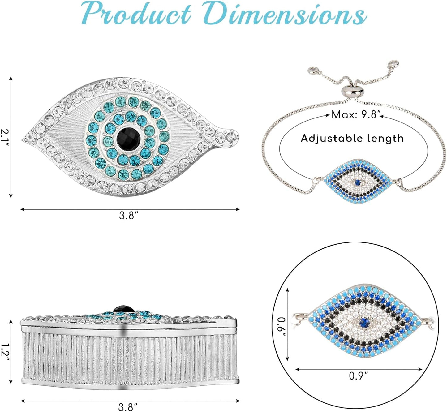 Evil Eye Jewelry Box - Handmade Gold Keepsake Box with Magnetic Closure & Crystals - Decorative Storage for Bracelets, Necklaces, Accessories - Evil Eye Decor (Silver box with bracelet)