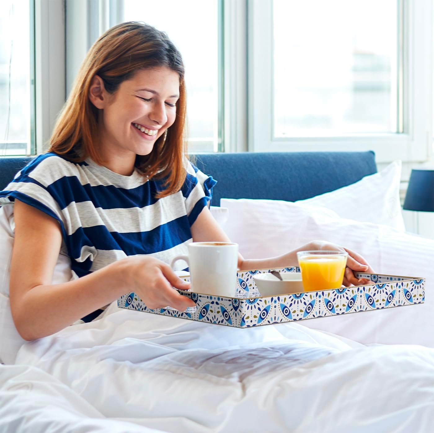 KENZY GIFTS Evil Eye Rectangular Serving Tray with Handles – Plastic Decorative Trays for Coffee Table for Ottoman, Bathroom, Kitchen and Living Room, 15.7" L x 11.8" W x 1.57" H (Rectangular)