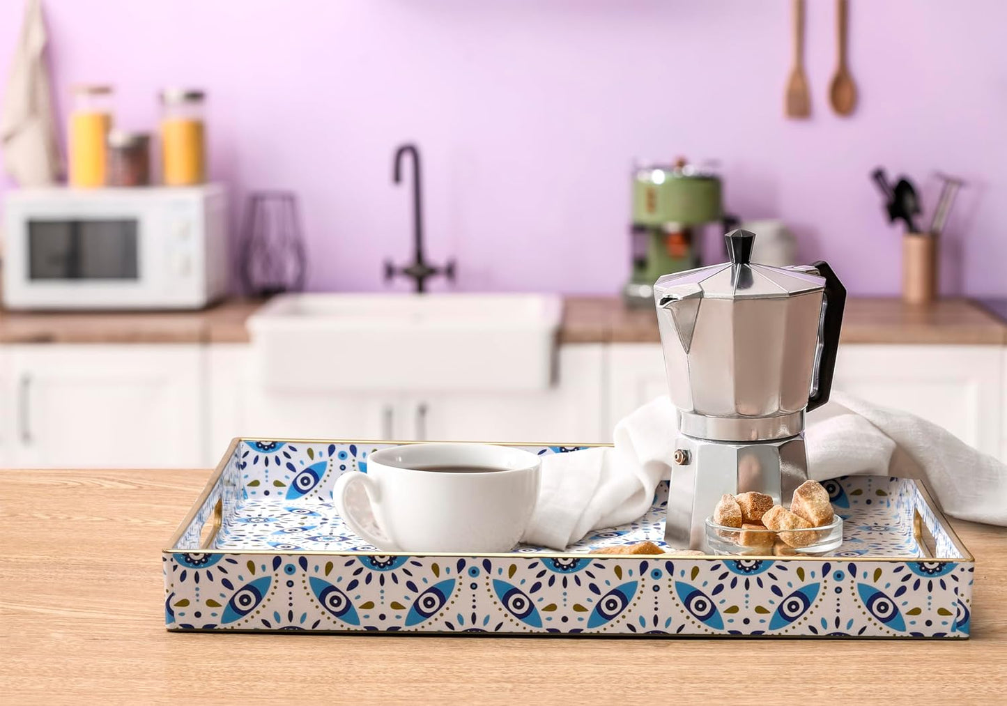 KENZY GIFTS Evil Eye Rectangular Serving Tray with Handles – Plastic Decorative Trays for Coffee Table for Ottoman, Bathroom, Kitchen and Living Room, 15.7" L x 11.8" W x 1.57" H (Rectangular)