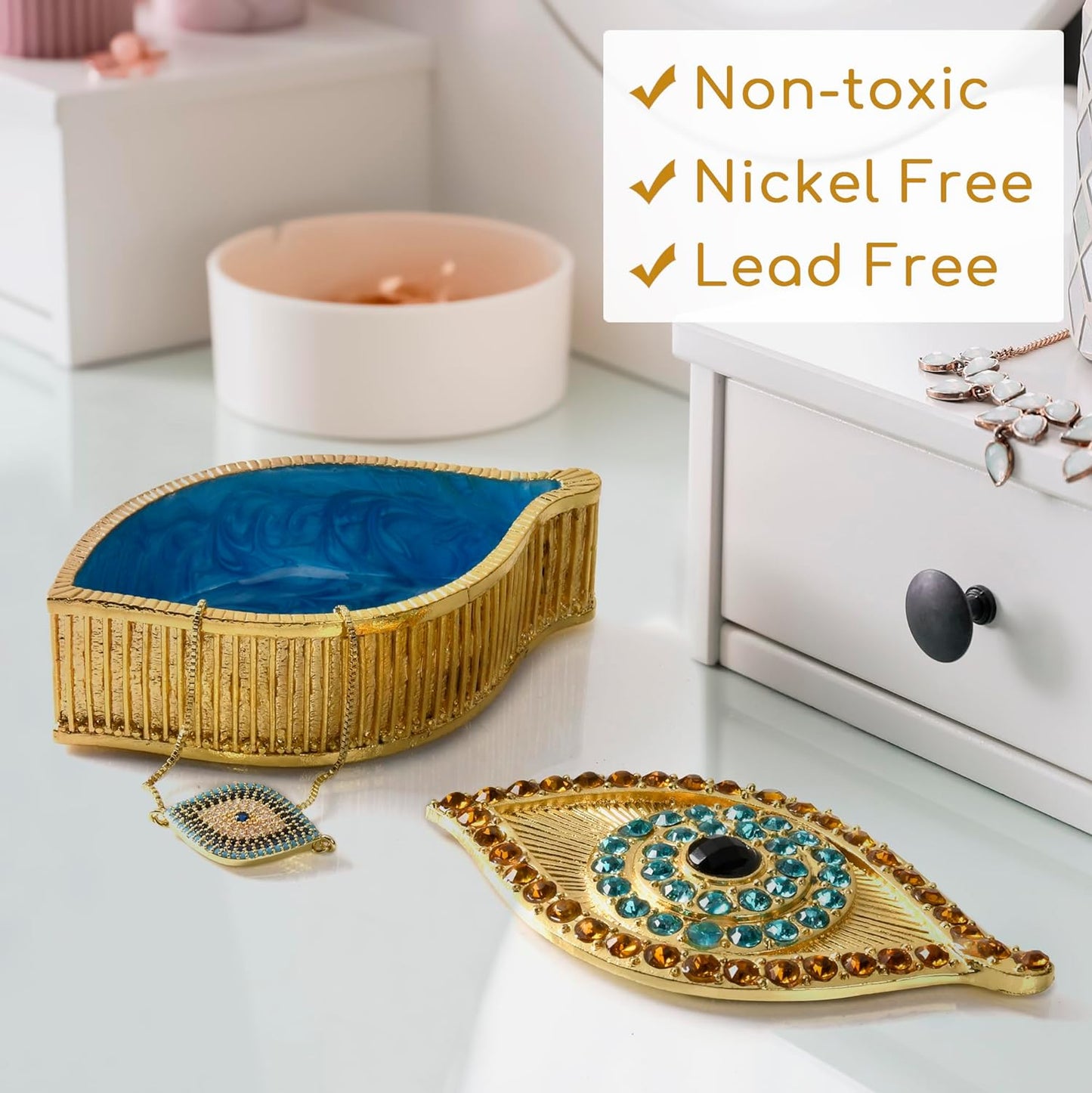 Evil Eye Jewelry Box - Handmade Gold Keepsake Box with Magnetic Closure & Crystals - Decorative Storage for Bracelets, Necklaces, Accessories - Evil Eye Decor (Gold box)