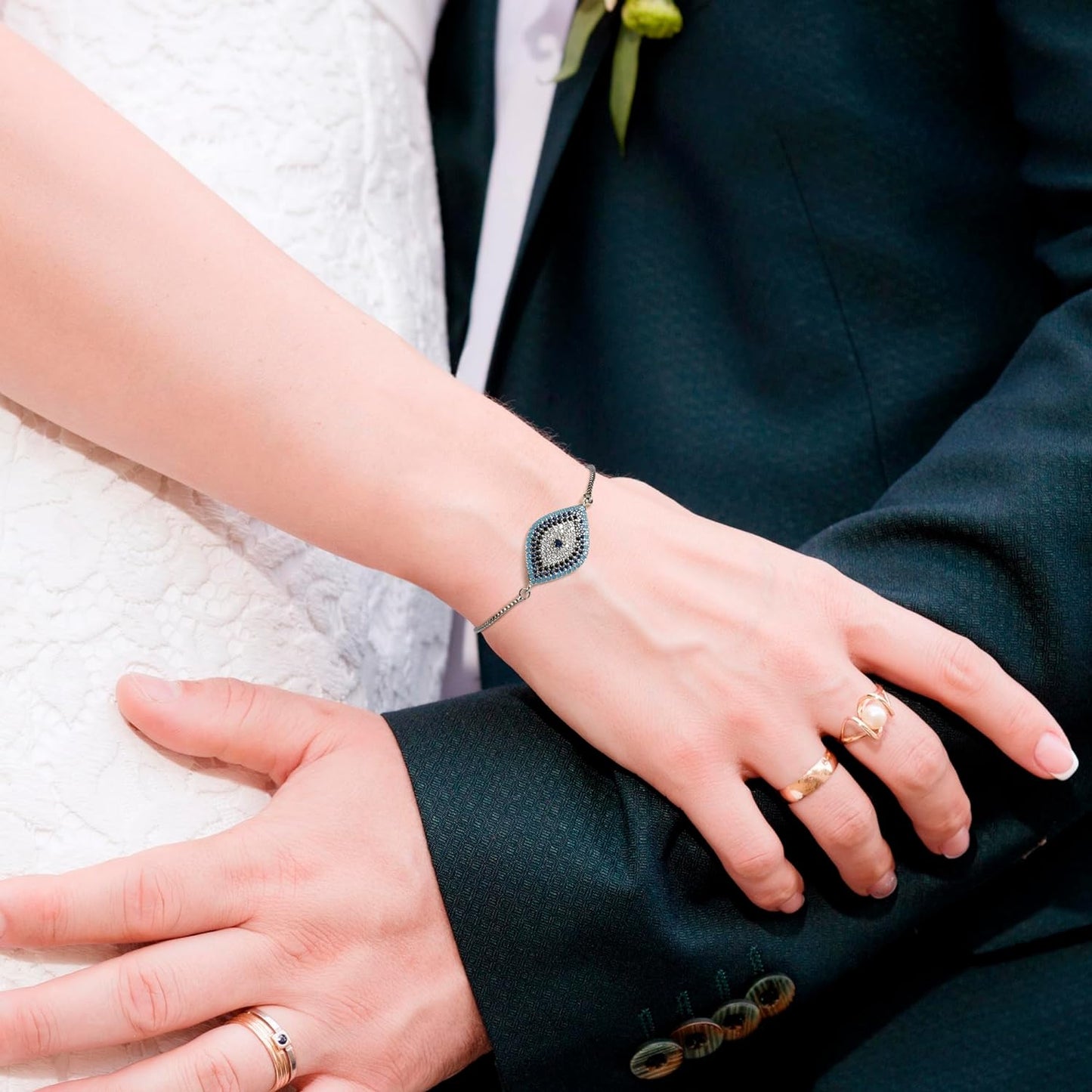 Evil Eye Jewelry Box - Handmade Gold Keepsake Box with Magnetic Closure & Crystals - Decorative Storage for Bracelets, Necklaces, Accessories - Evil Eye Decor (Silver box with bracelet)