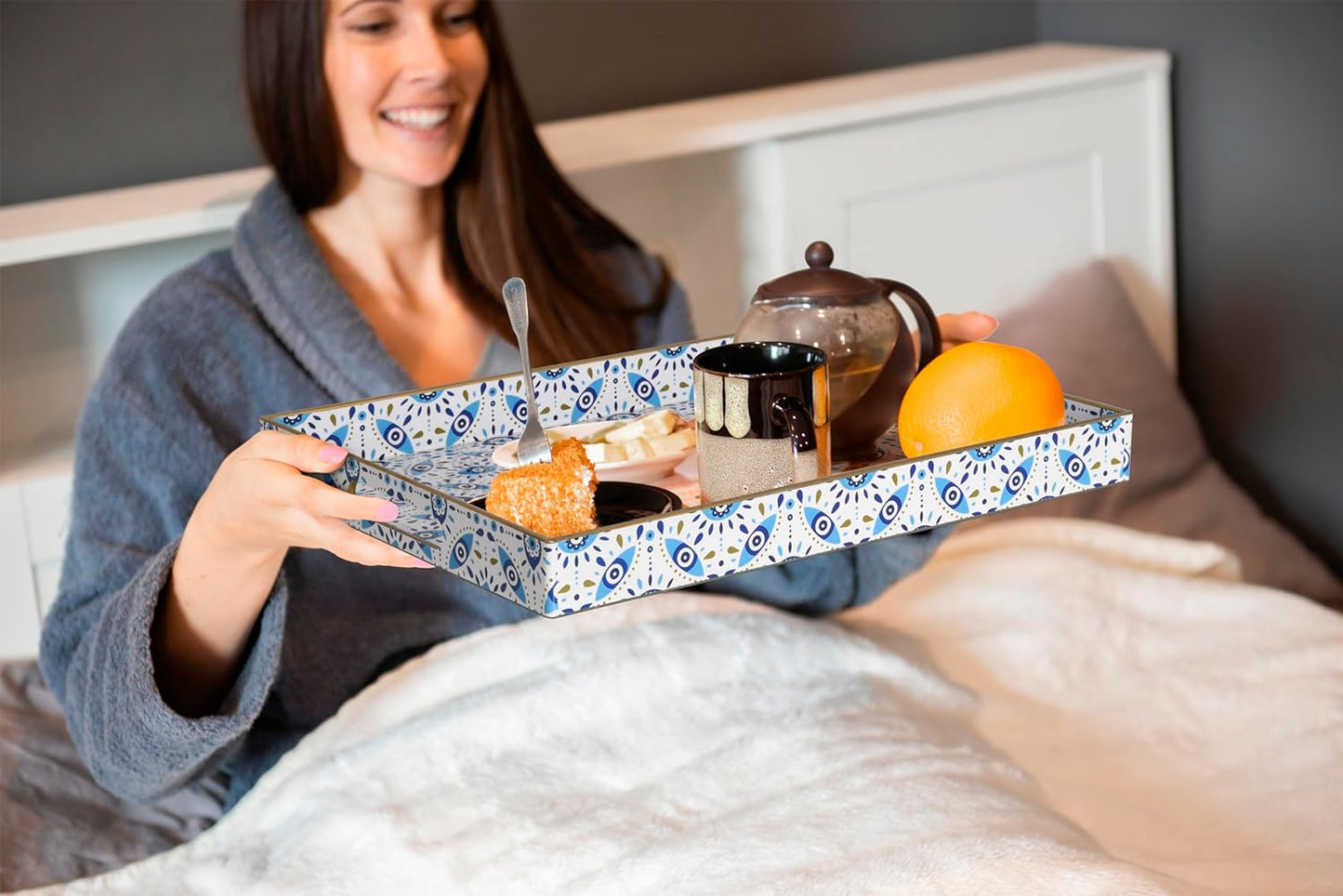 KENZY GIFTS Evil Eye Rectangular Serving Tray with Handles – Plastic Decorative Trays for Coffee Table for Ottoman, Bathroom, Kitchen and Living Room, 15.7" L x 11.8" W x 1.57" H (Rectangular)