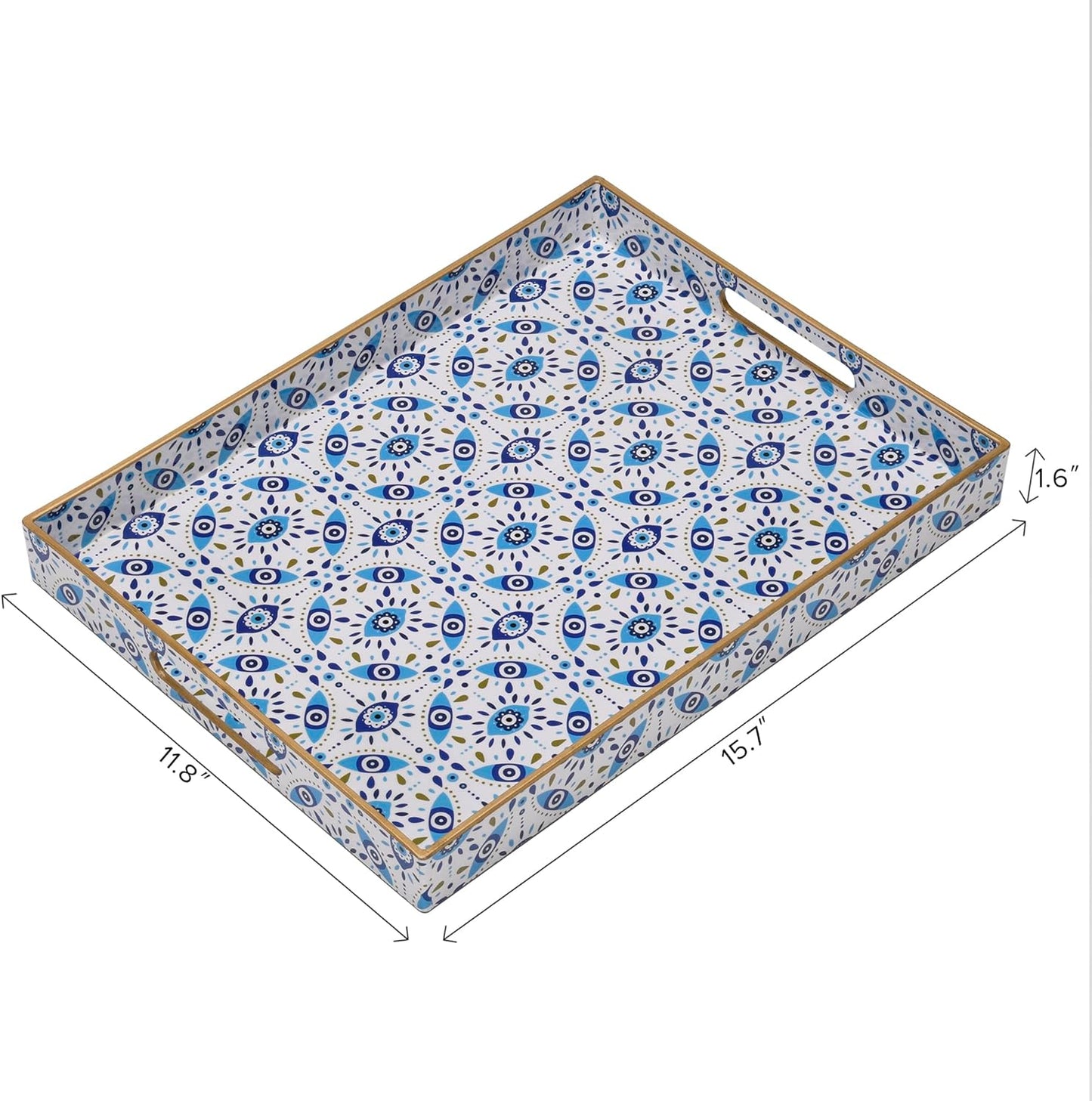 KENZY GIFTS Evil Eye Rectangular Serving Tray with Handles – Plastic Decorative Trays for Coffee Table for Ottoman, Bathroom, Kitchen and Living Room, 15.7" L x 11.8" W x 1.57" H (Rectangular)