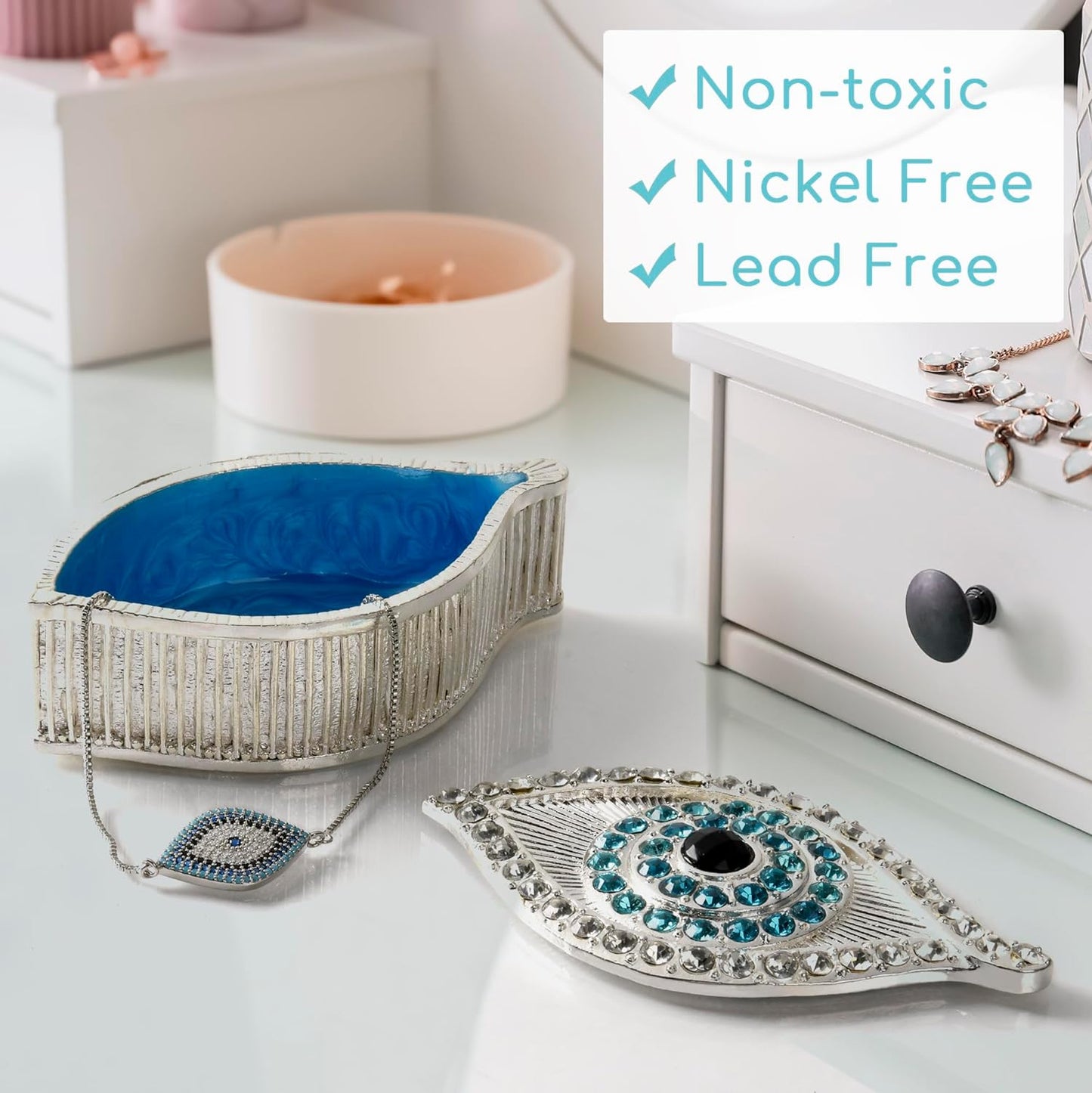 Evil Eye Jewelry Box - Handmade Gold Keepsake Box with Magnetic Closure & Crystals - Decorative Storage for Bracelets, Necklaces, Accessories - Evil Eye Decor (Silver box with bracelet)