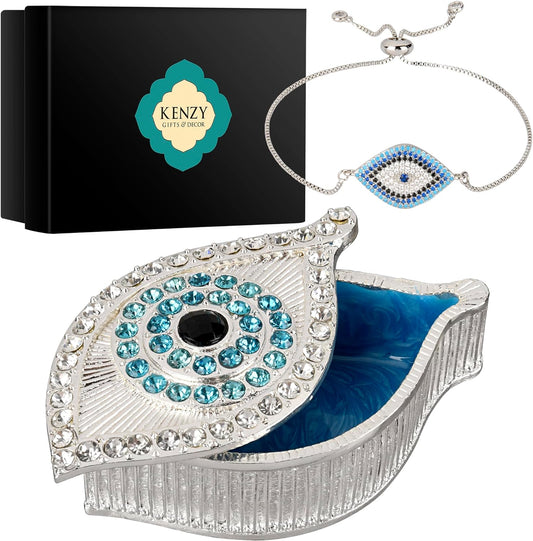 Evil Eye Jewelry Box - Handmade Gold Keepsake Box with Magnetic Closure & Crystals - Decorative Storage for Bracelets, Necklaces, Accessories - Evil Eye Decor (Silver box with bracelet)