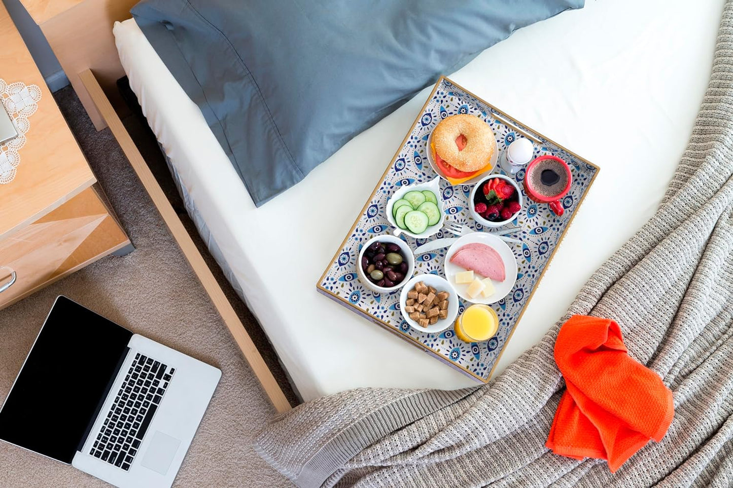 KENZY GIFTS Evil Eye Rectangular Serving Tray with Handles – Plastic Decorative Trays for Coffee Table for Ottoman, Bathroom, Kitchen and Living Room, 15.7" L x 11.8" W x 1.57" H (Rectangular)