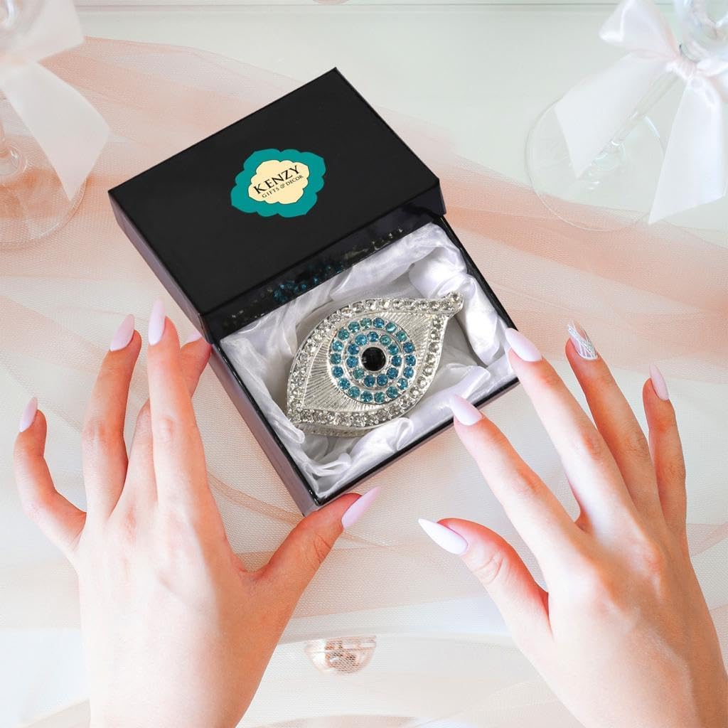 KENZY GIFTS Evil Eye Jewelry Box - Handmade Gold Keepsake Box with Magnetic Closure & Crystals - Decorative Storage for Bracelets, Necklaces, Accessories - Evil Eye Decor (Silver box with bracelet)