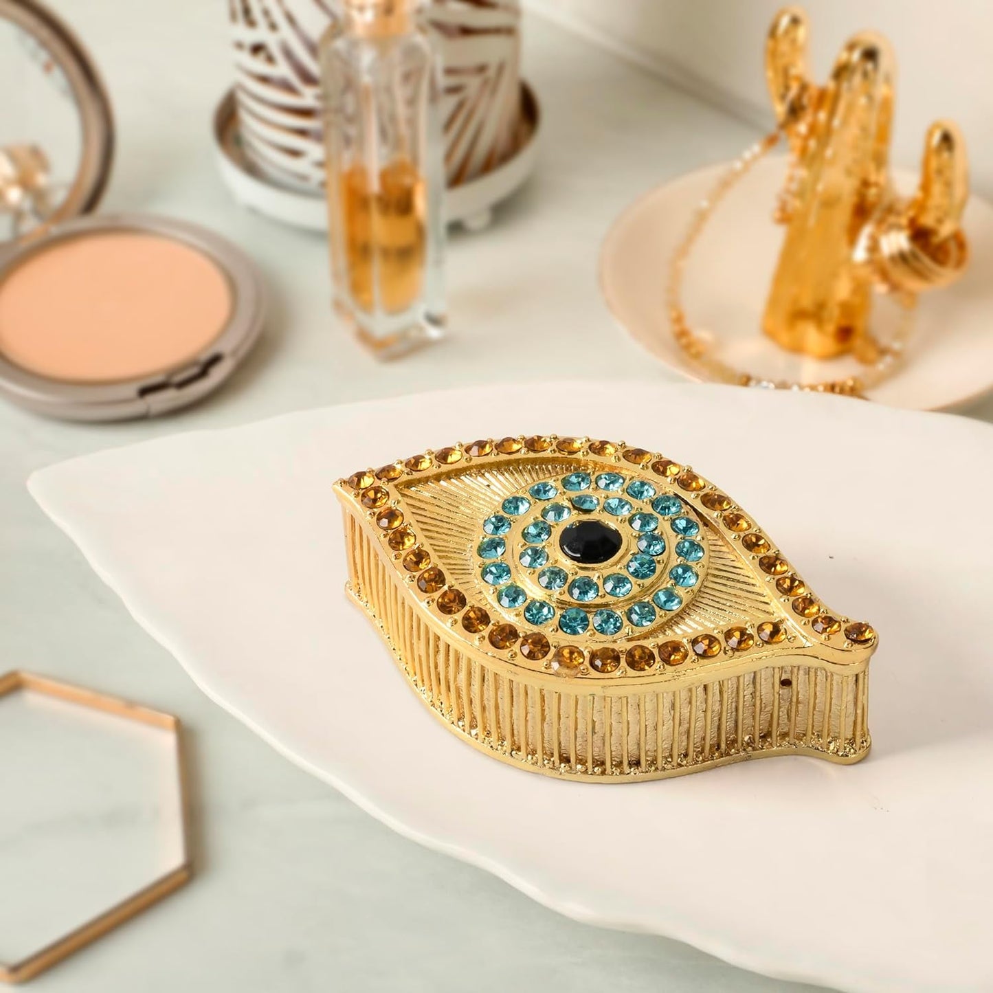 KENZY GIFTS Evil Eye Jewelry Box - Handmade Gold Keepsake Box with Magnetic Closure & Crystals - Decorative Storage for Bracelets, Necklaces, Accessories - Evil Eye Decor (Gold box)