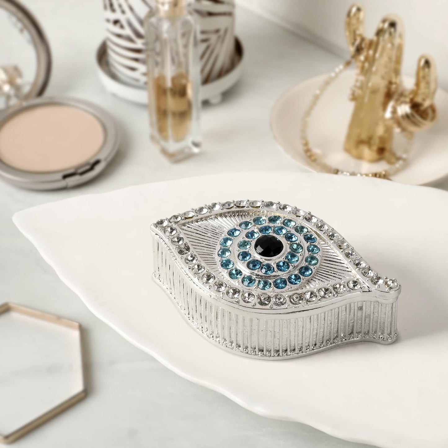 KENZY GIFTS Evil Eye Jewelry Box - Handmade Gold Keepsake Box with Magnetic Closure & Crystals - Decorative Storage for Bracelets, Necklaces, Accessories - Evil Eye Decor (Silver box)