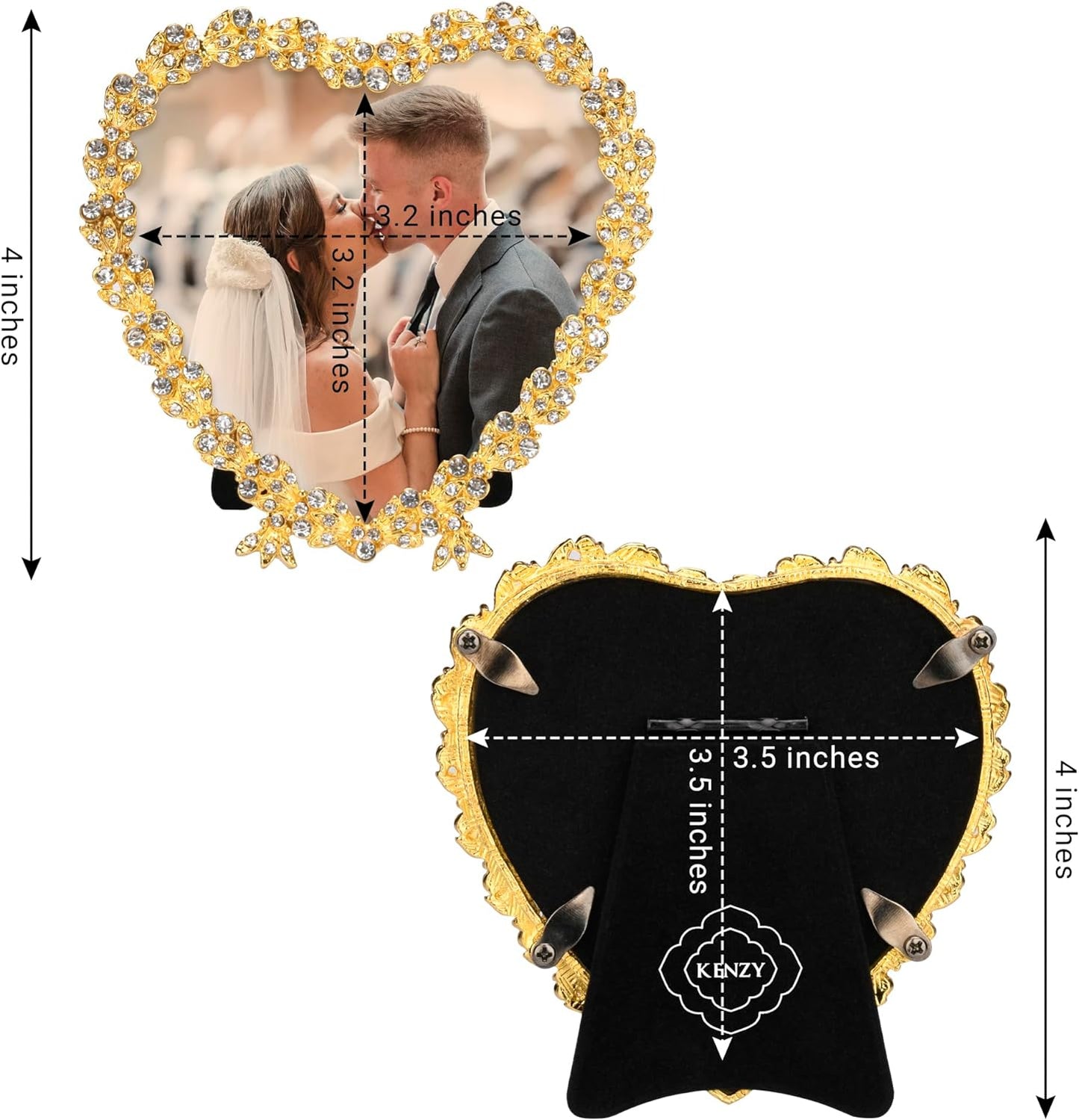 KENZY GIFTS Heart Shaped Wedding Picture Frames for Couple - Beaded Crystal 4x4 Picture Frame – Engagement Gift, Wedding Gift for newlyweds - Fits 3.5x3.5 photo - Valentine Picture Frame, (Gold)