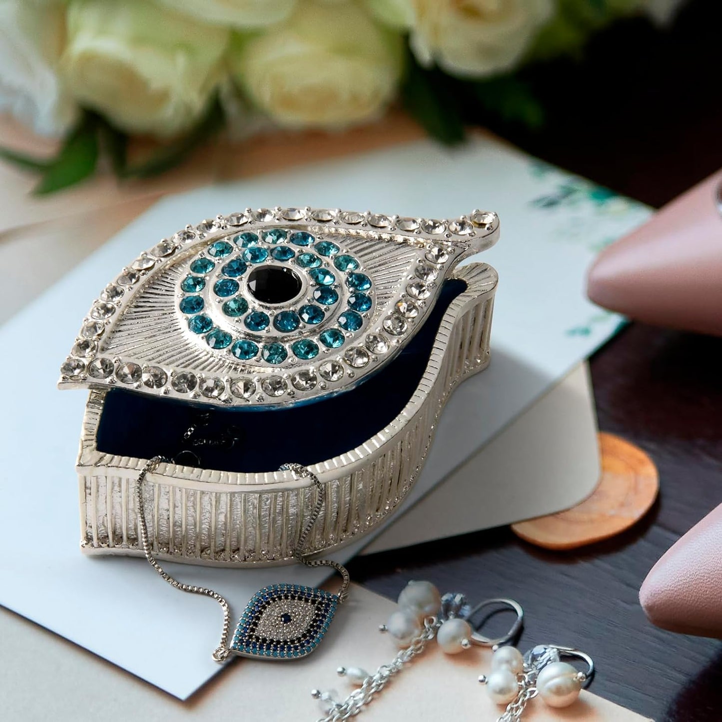 KENZY GIFTS Evil Eye Jewelry Box - Handmade Gold Keepsake Box with Magnetic Closure & Crystals - Decorative Storage for Bracelets, Necklaces, Accessories - Evil Eye Decor (Silver box)