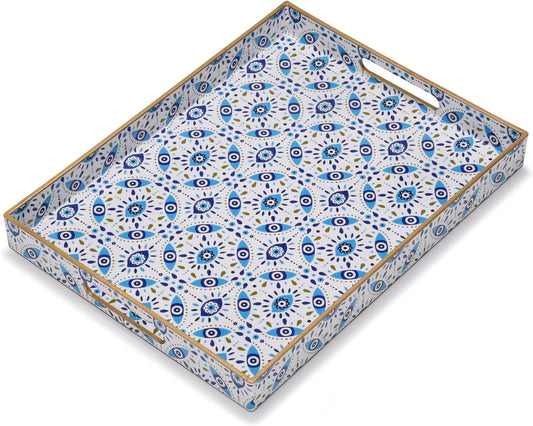 KENZY GIFTS Evil Eye Rectangular Serving Tray with Handles – Plastic Decorative Trays for Coffee Table for Ottoman, Bathroom, Kitchen and Living Room, 15.7" L x 11.8" W x 1.57" H (Rectangular)