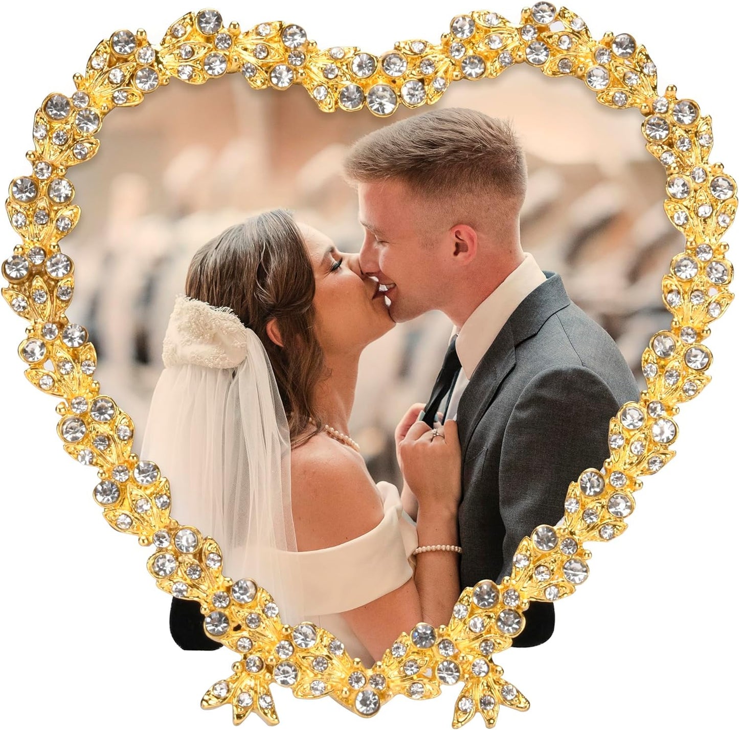 KENZY GIFTS Heart Shaped Wedding Picture Frames for Couple - Beaded Crystal 4x4 Picture Frame – Engagement Gift, Wedding Gift for newlyweds - Fits 3.5x3.5 photo - Valentine Picture Frame, (Gold)