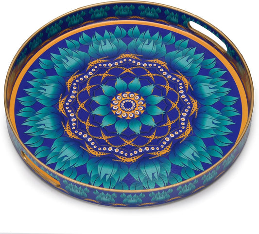 KENZY GIFTS Evil Eye Rectangular Serving Tray with Handles – Plastic Decorative Trays for Coffee Table for Ottoman, Bathroom, Kitchen and Living Room, 15.7" L x 11.8" W x 1.57" H (Round)