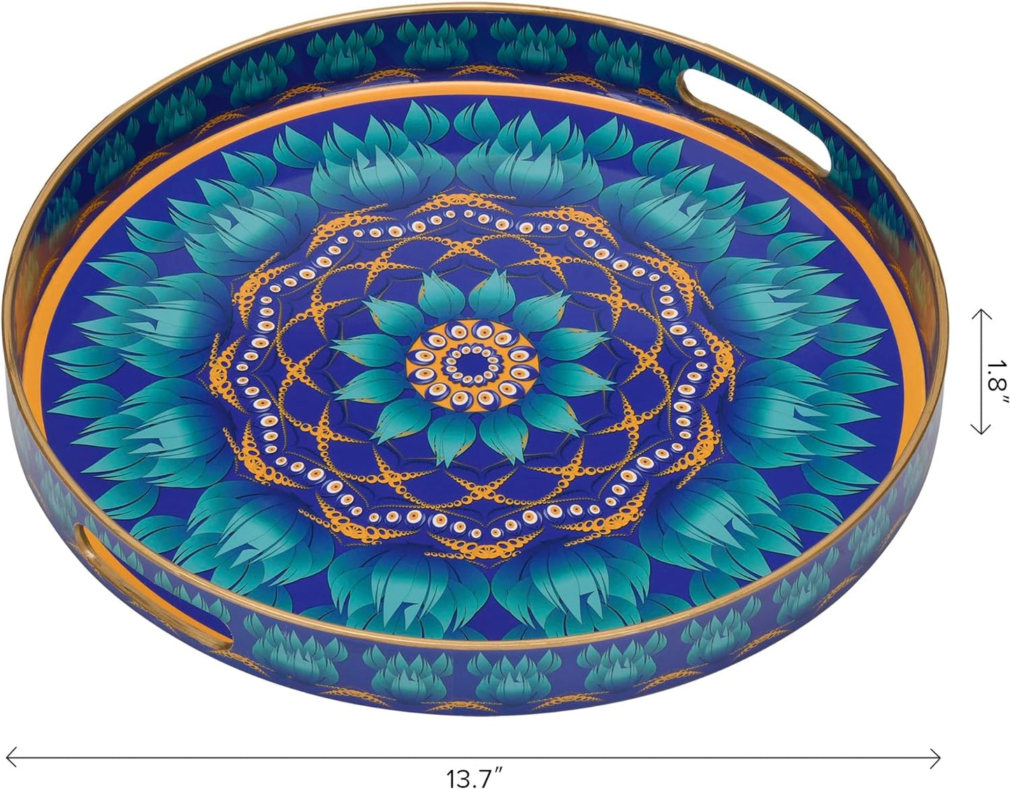 KENZY GIFTS Evil Eye Rectangular Serving Tray with Handles – Plastic Decorative Trays for Coffee Table for Ottoman, Bathroom, Kitchen and Living Room, 15.7" L x 11.8" W x 1.57" H (Round)