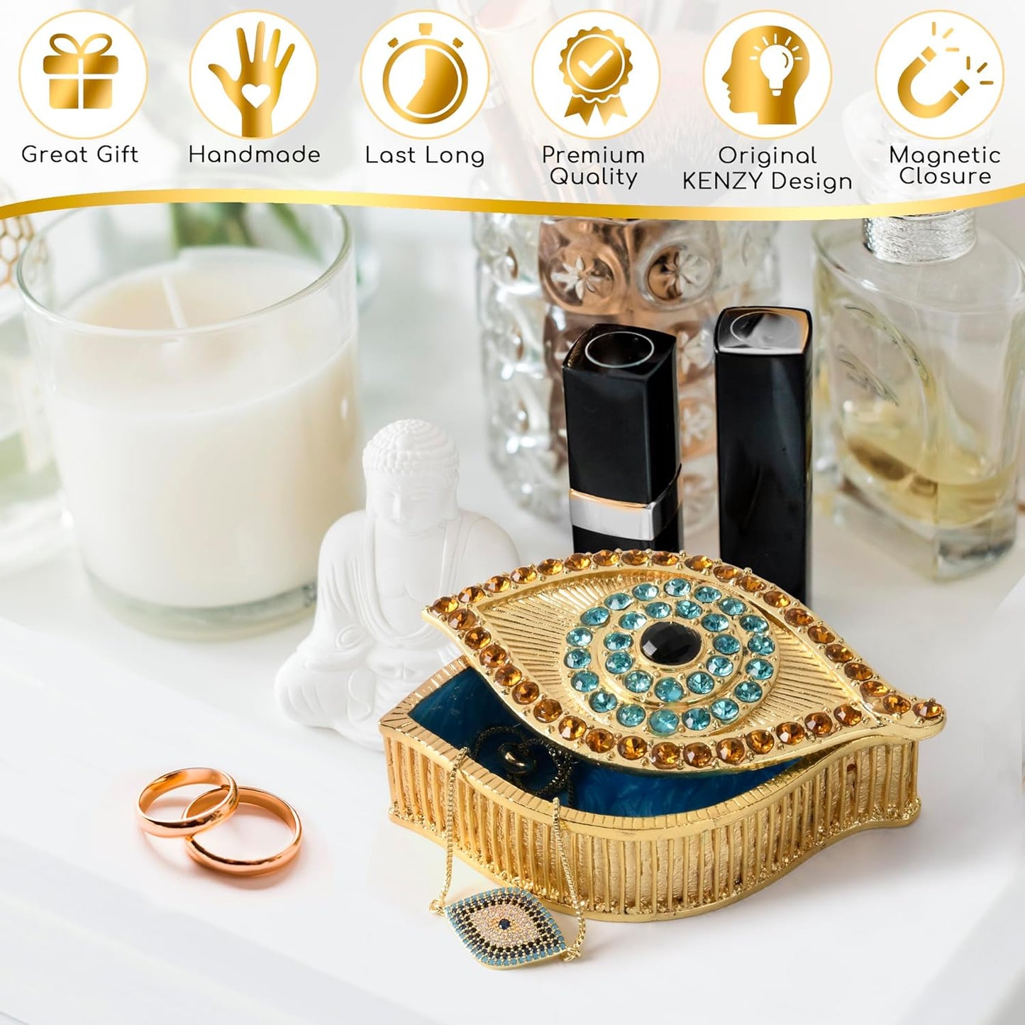 KENZY GIFTS Evil Eye Jewelry Box - Handmade Gold Keepsake Box with Magnetic Closure & Crystals - Decorative Storage for Bracelets, Necklaces, Accessories - Evil Eye Decor (Gold box)