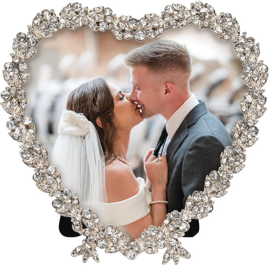 KENZY GIFTS Heart Shaped Wedding Picture Frames for Couple - Beaded Crystal 4x4 Picture Frame – Engagement Gift, Wedding Gift for newlyweds - Fits 3.5x3.5 photo - Valentine Picture Frame, (Silver)