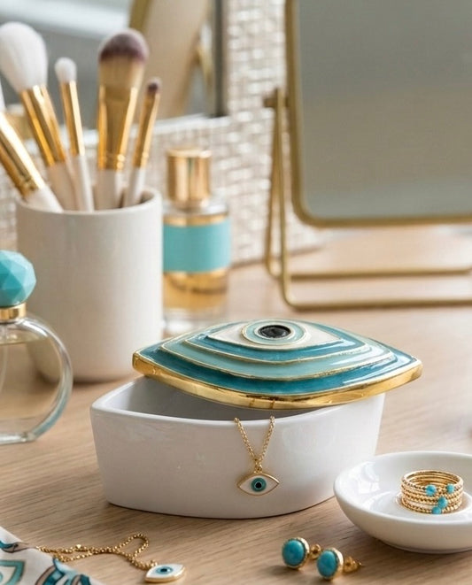 Evil Eye Jewelry Box | Enamel Turquoise & Gold Keepsake Box