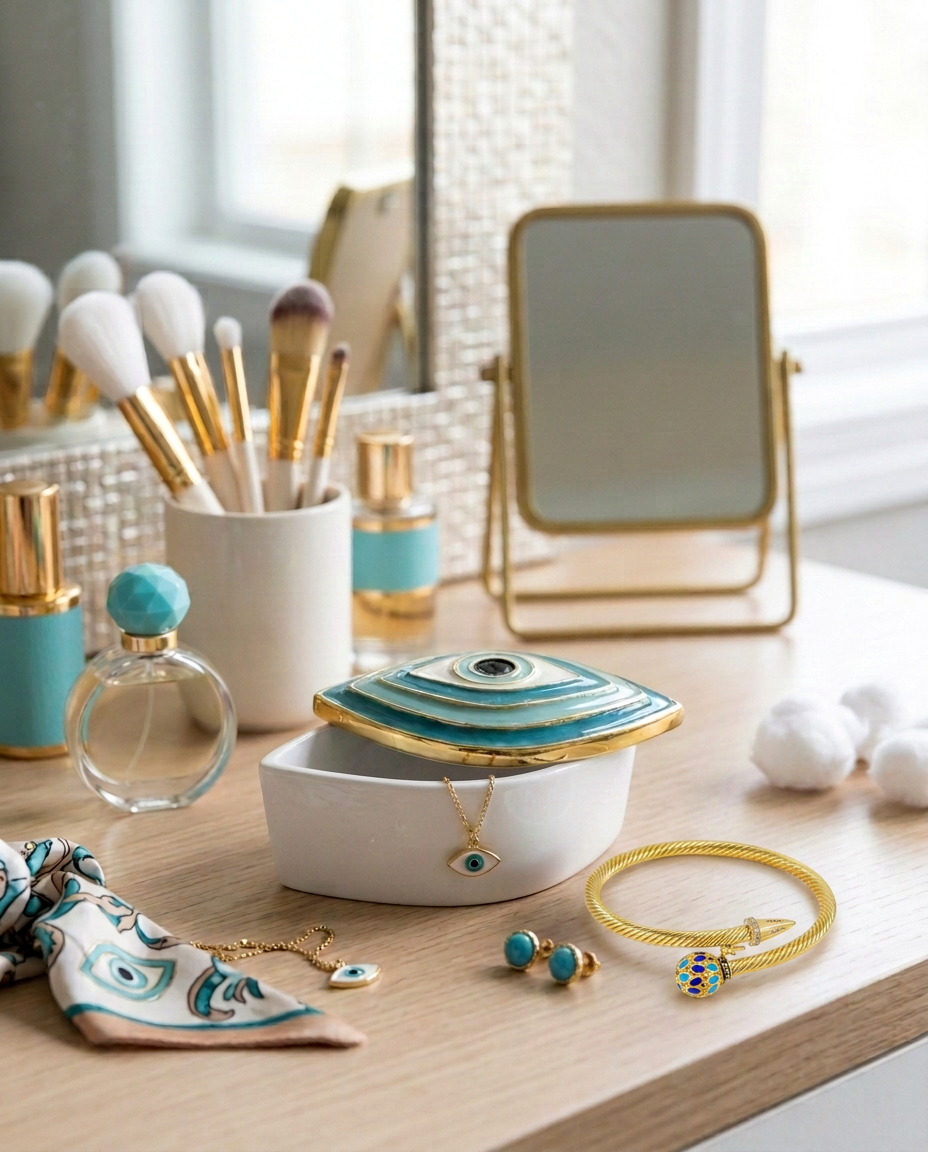 Evil Eye Jewelry Box | Enamel Turquoise & Gold Keepsake Box