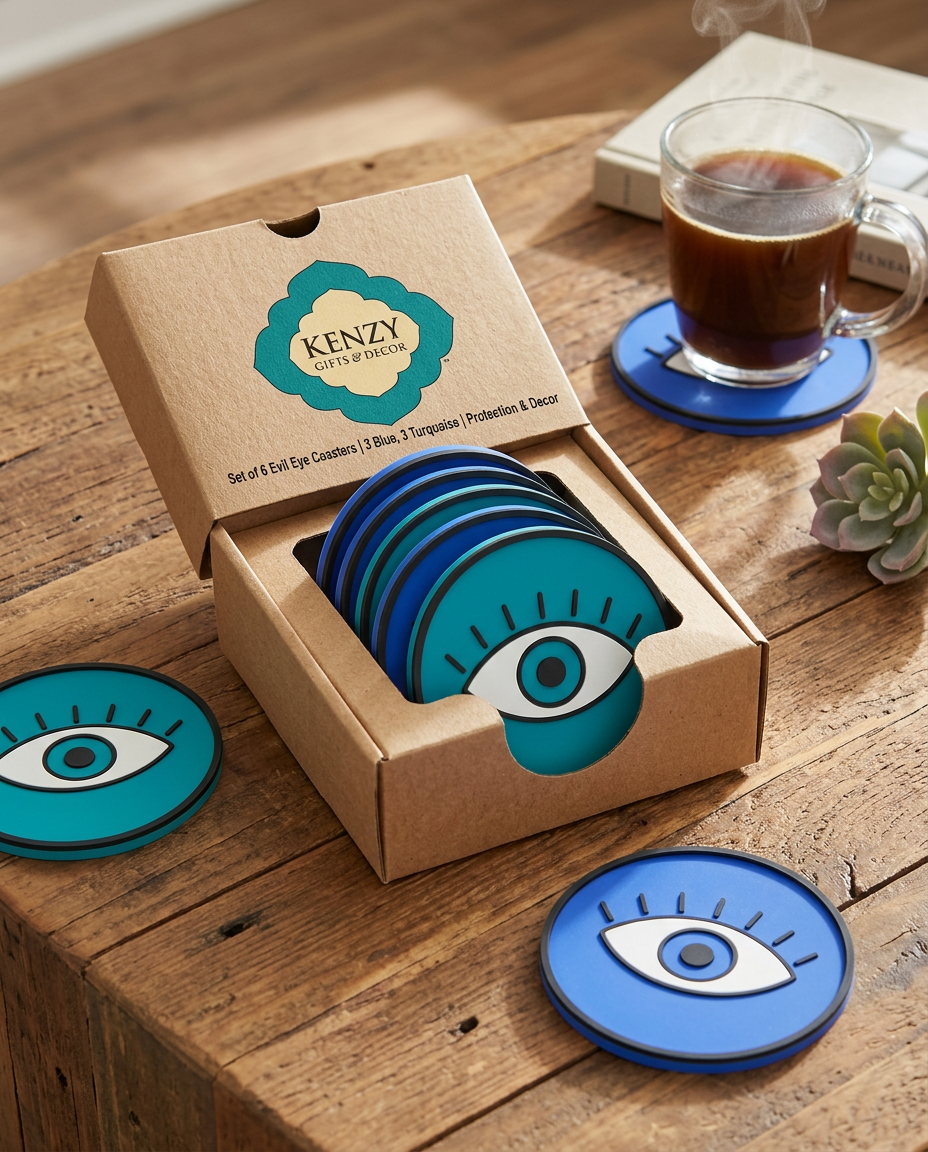 Evil Eye Silicone Coaster Set - 6 Pack (Blue & Turquoise)